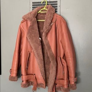Dusty pink moto leather winter jacket